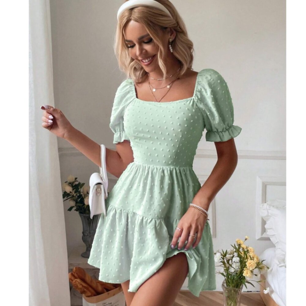 Pale Green Short Puff Sleeve Textured Back Tie-Up Dress, Small